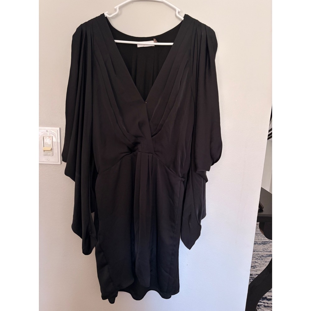 Ramy Brook Black Dolman Sleeve V-Neck‎ Mini Dress Large Pleated Cocktail Evening
